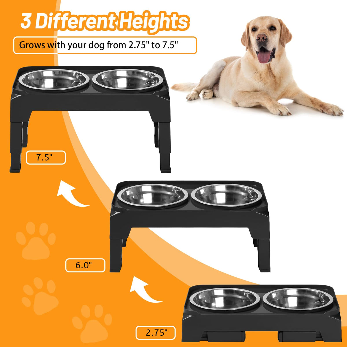 Elevated Dog Bowls with 2 Stainless Steel Bowls Non-Slip Adjusts to 3 Heights I1439