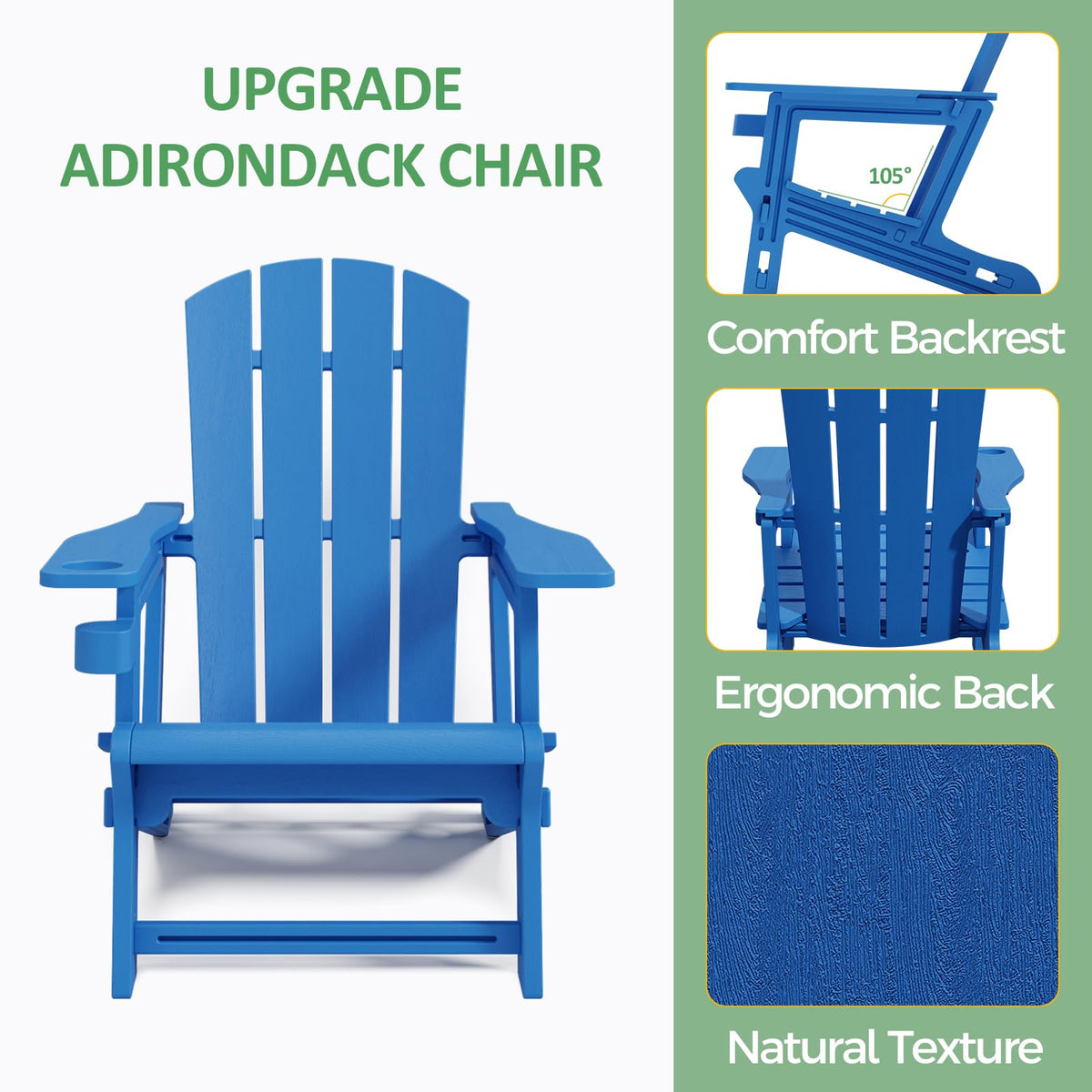 Klein Blue Plastic Adirondack Chairs Set of 2 with Cup Holder F766146