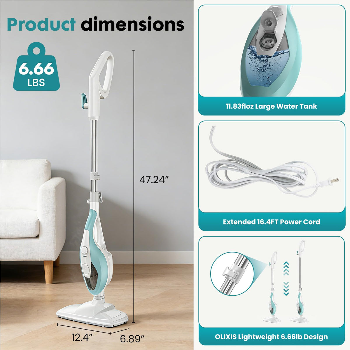 1550W Detachable Handheld Steam Mop with 2 Reusable Pads S4444