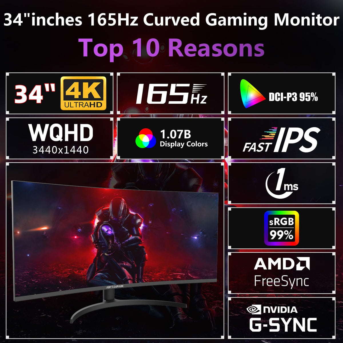 34 Inch Curved Ultra Wide WQHD Gaming Monitor 165Hz 1ms HDR400 D526