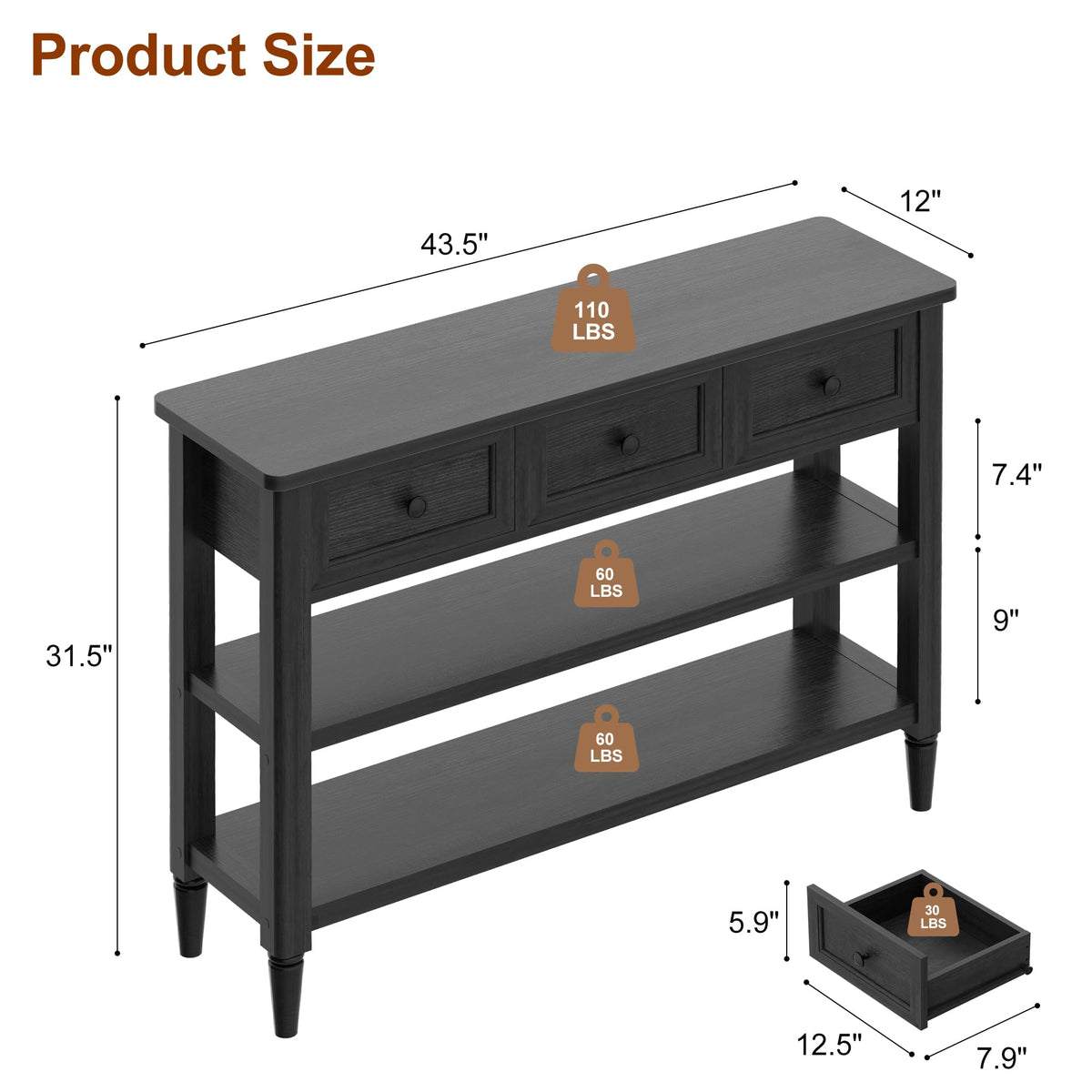 43" Farmhouse Entryway Table with 3 Drawers 2 Shelves O3787