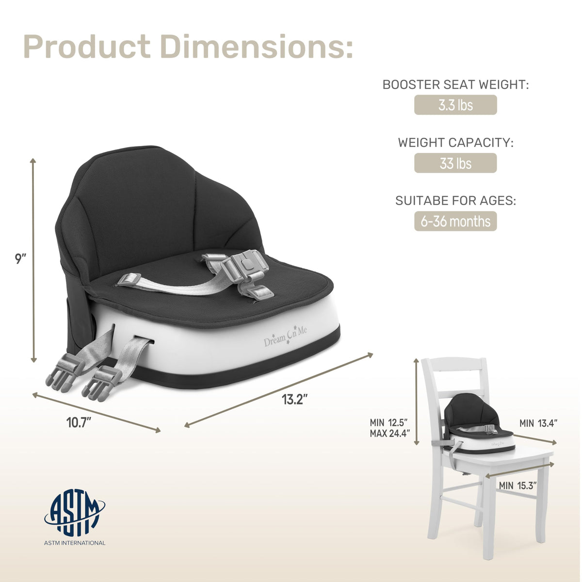 Portable Baby Booster Seat with 3-Point Harness & 2 Fixing Belts, Black J675