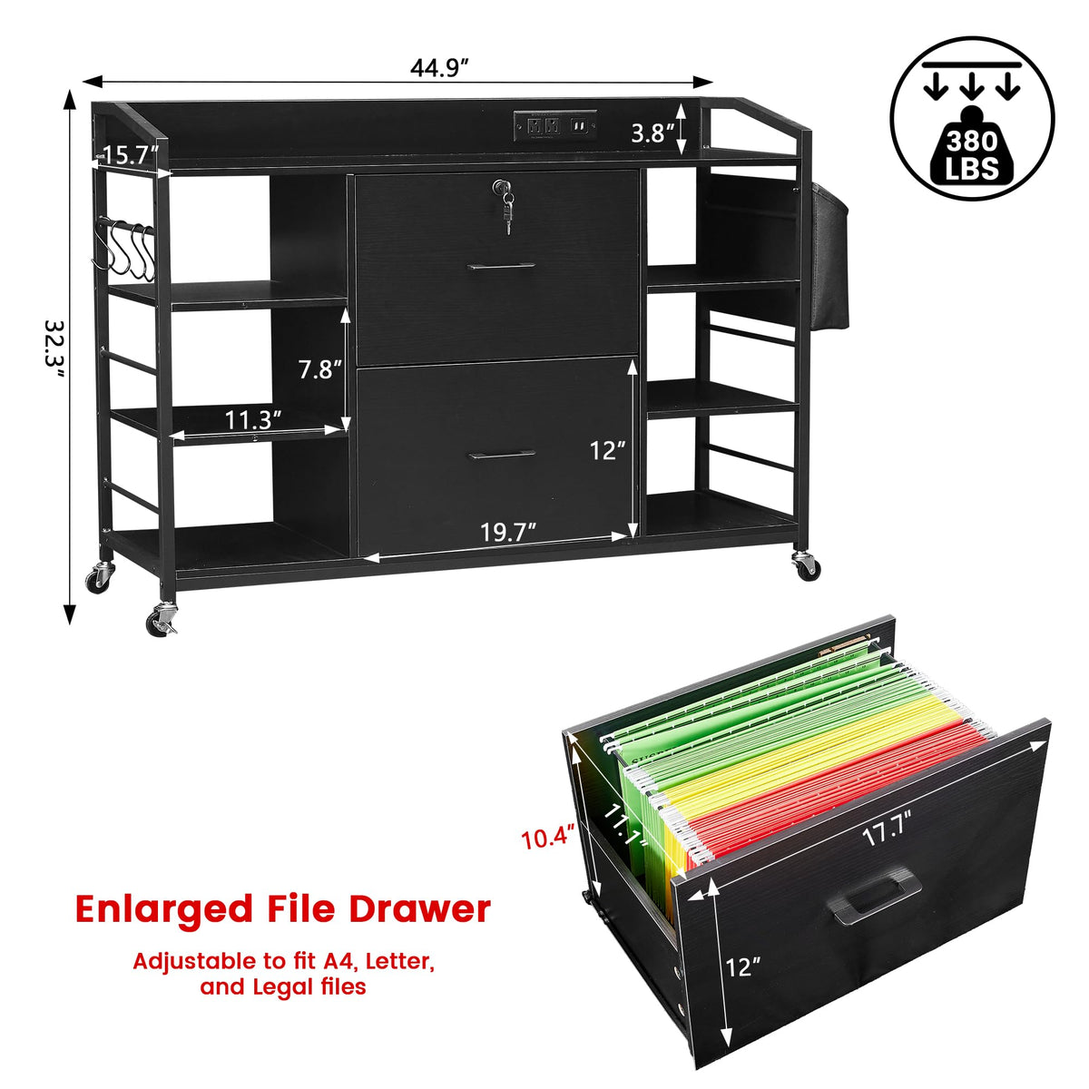 45" Black 2 Drawer File Cabinet with Lock and Power Outlet W5893