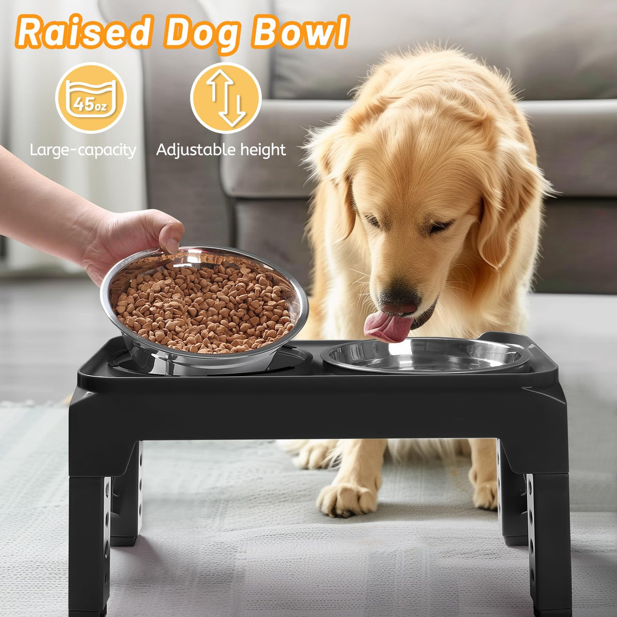 Elevated Dog Bowls with 2 Stainless Steel Bowls Non-Slip Adjusts to 3 Heights I1439