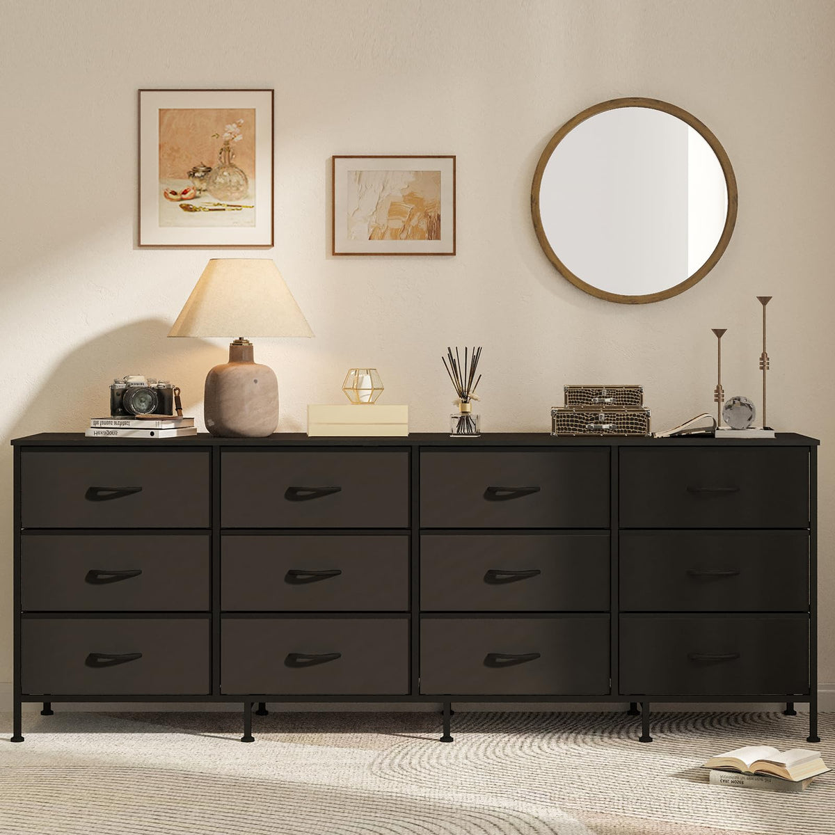 Black 12 Fabric Drawer Dresser with Charging Station Z5299