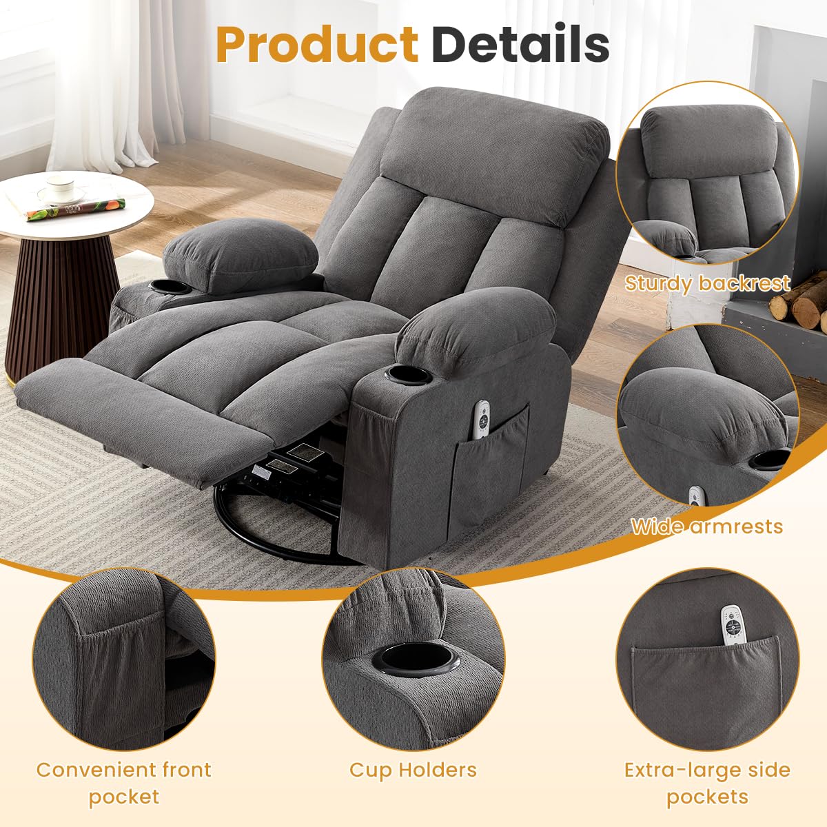 Swivel Rocker Recliner Chair with Vibration Massage & Lumbar Heating X8782