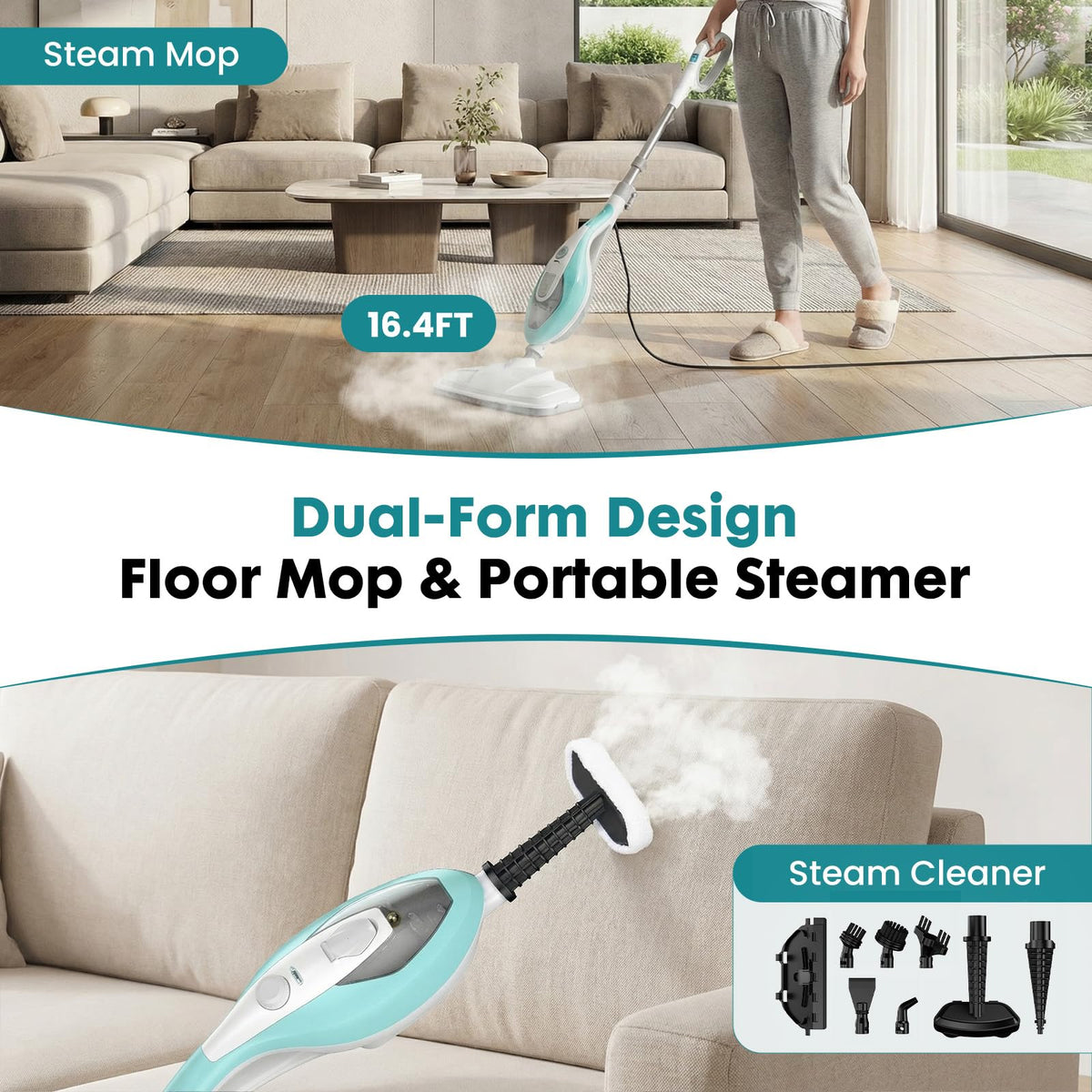 1550W Detachable Handheld Steam Mop with 2 Reusable Pads S4444