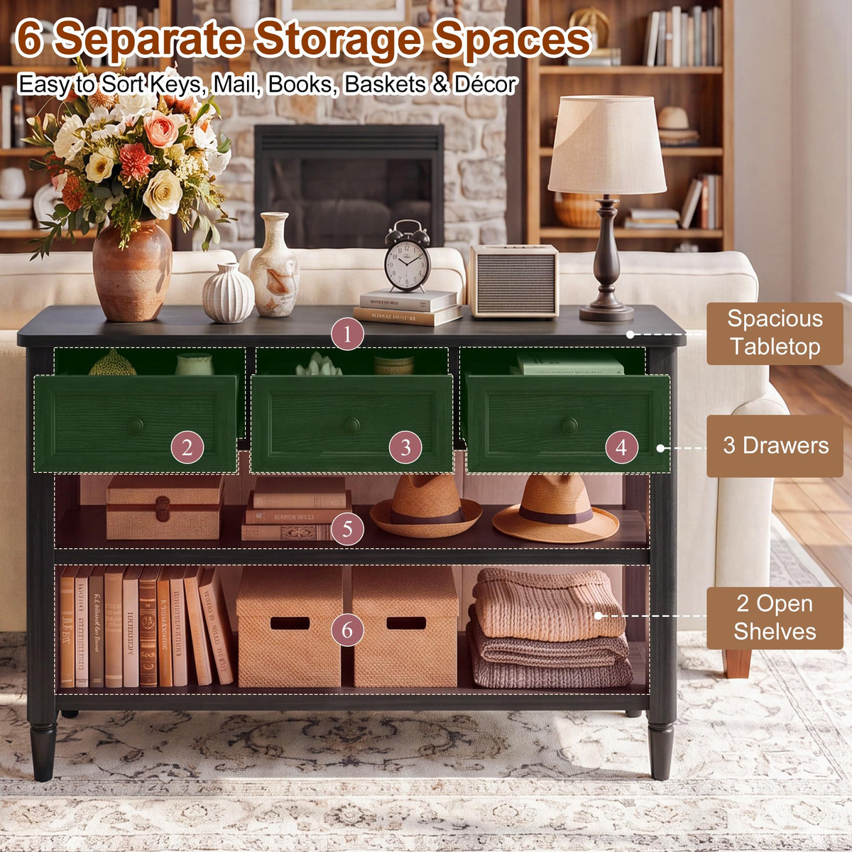 43" Farmhouse Entryway Table with 3 Drawers 2 Shelves O3787