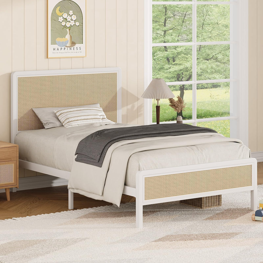 White Rattan Twin Bed Frame with Headboard V934