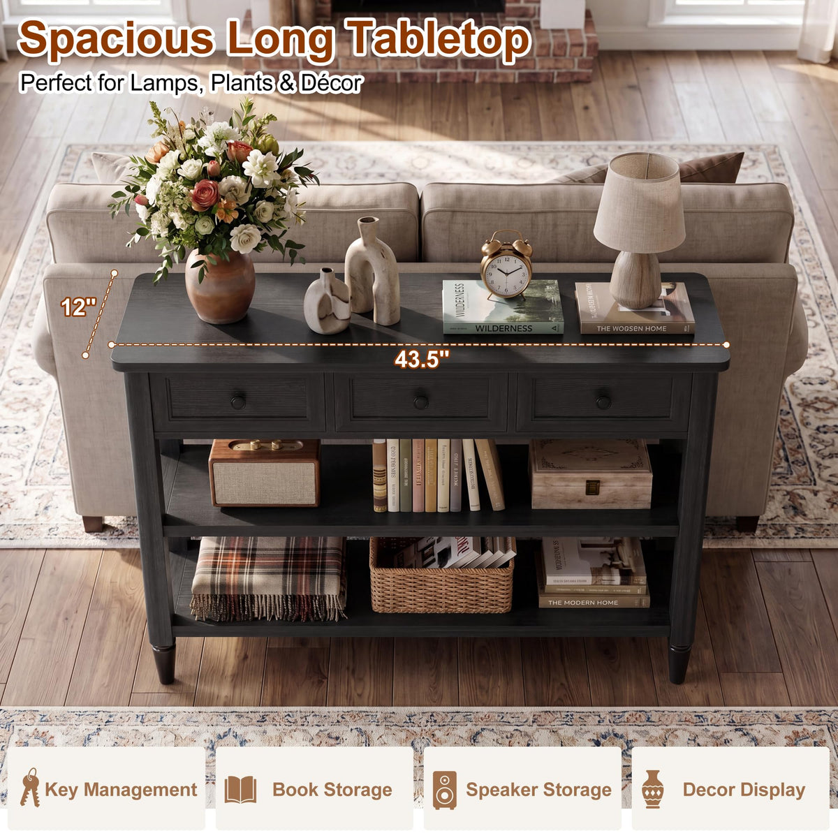 43" Farmhouse Entryway Table with 3 Drawers 2 Shelves O3787