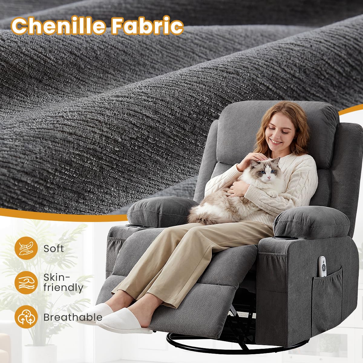 Swivel Rocker Recliner Chair with Vibration Massage & Lumbar Heating X8782