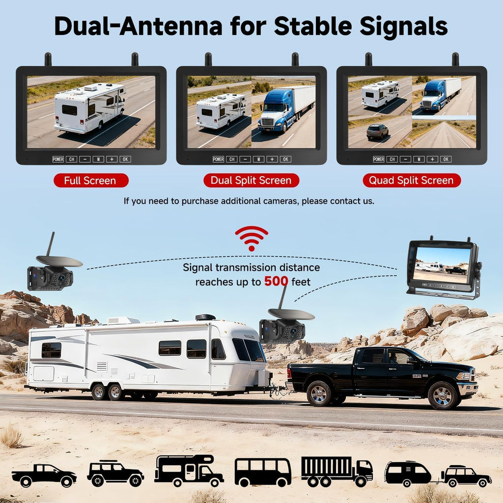 Dual Magnetic Wireless Backup Camera, 7” 1080P HD 4CH DVR Monitor B805