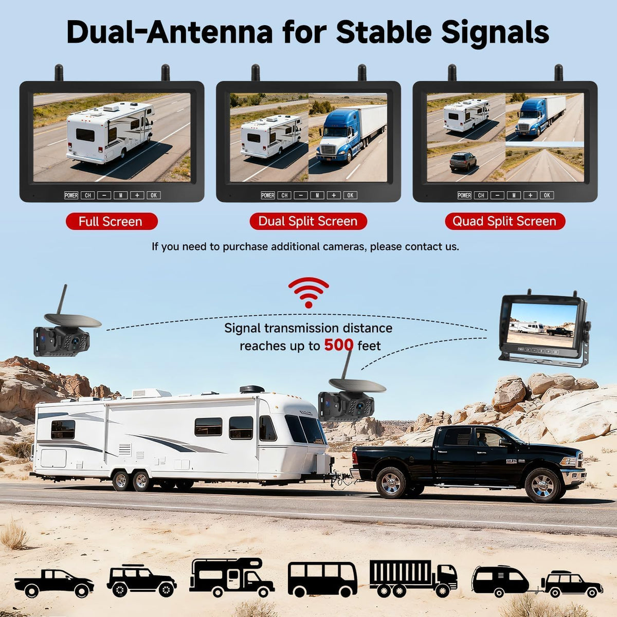 Dual Magnetic Wireless Backup Camera, 7” 1080P HD 4CH DVR Monitor B805