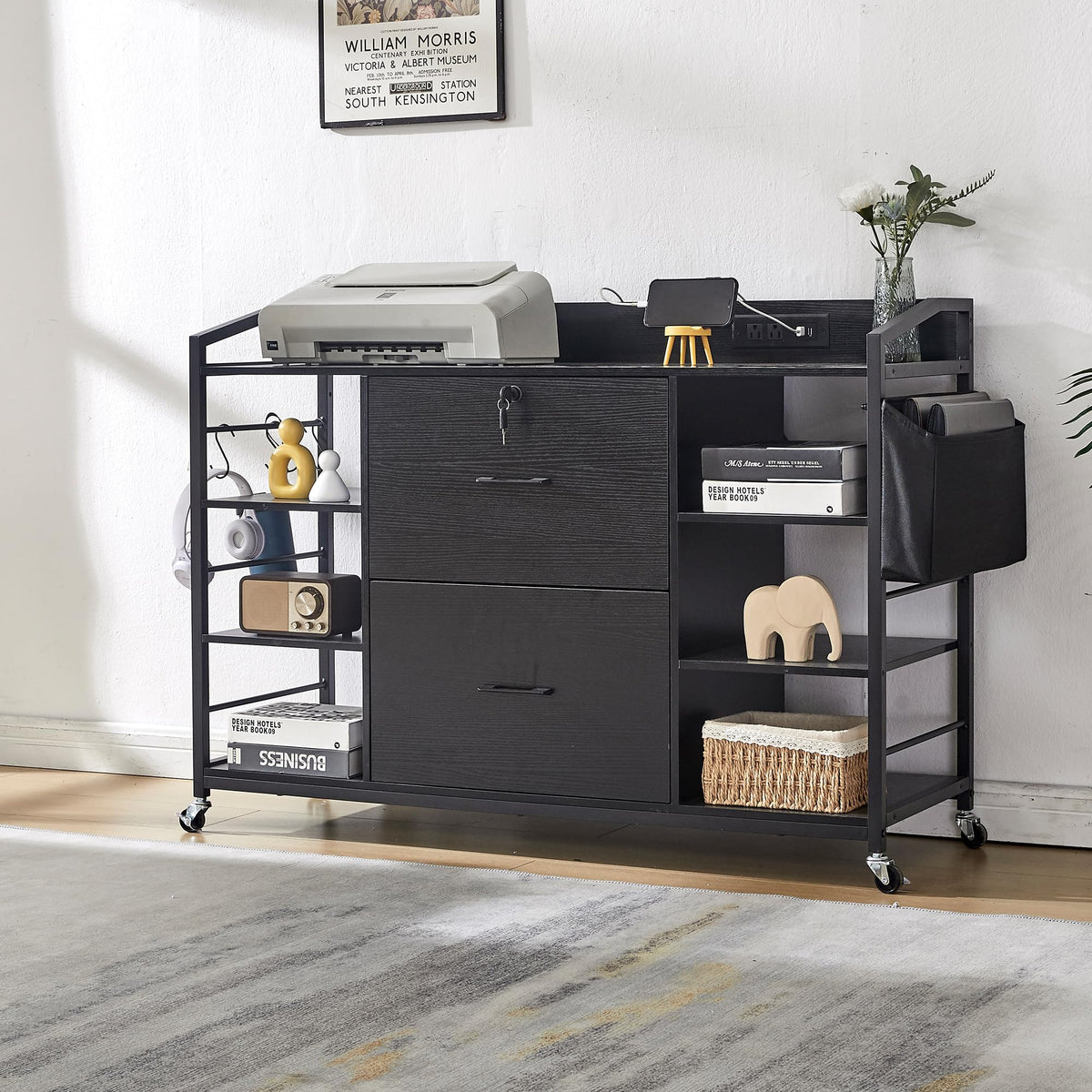 45" Black 2 Drawer File Cabinet with Lock and Power Outlet W5893