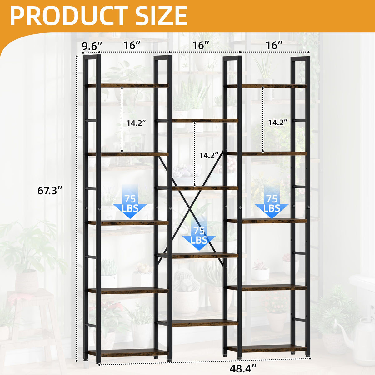 5 Tier Metal Bookshelf with Rustic Brown Shelves A95646