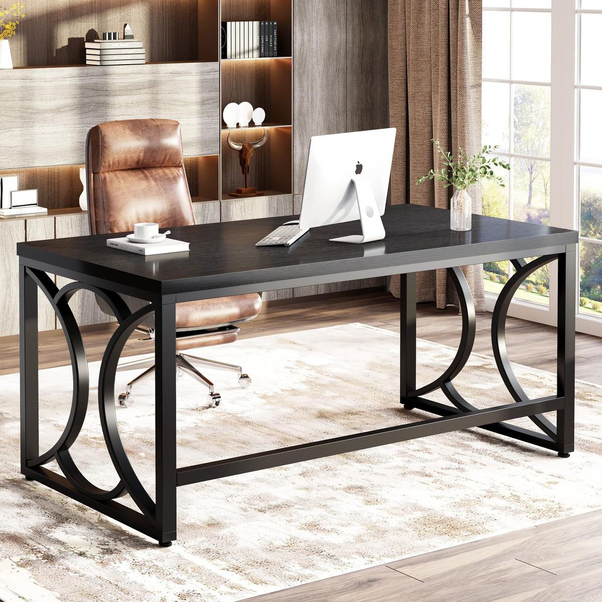 Black 55 Inch Metal Wooden Computer Desk G741