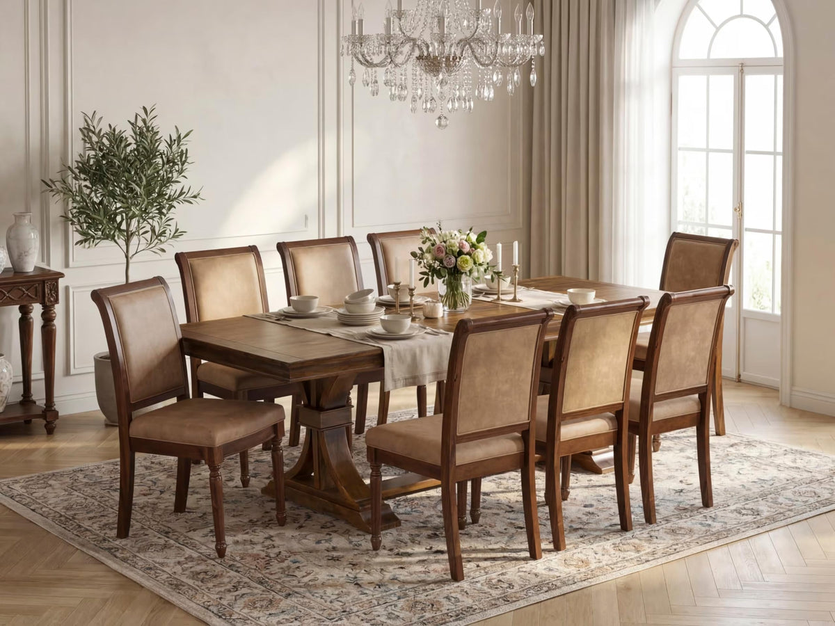 9 Piece Dining Table and 8 Beige Polyester Fabric Chairs S24096