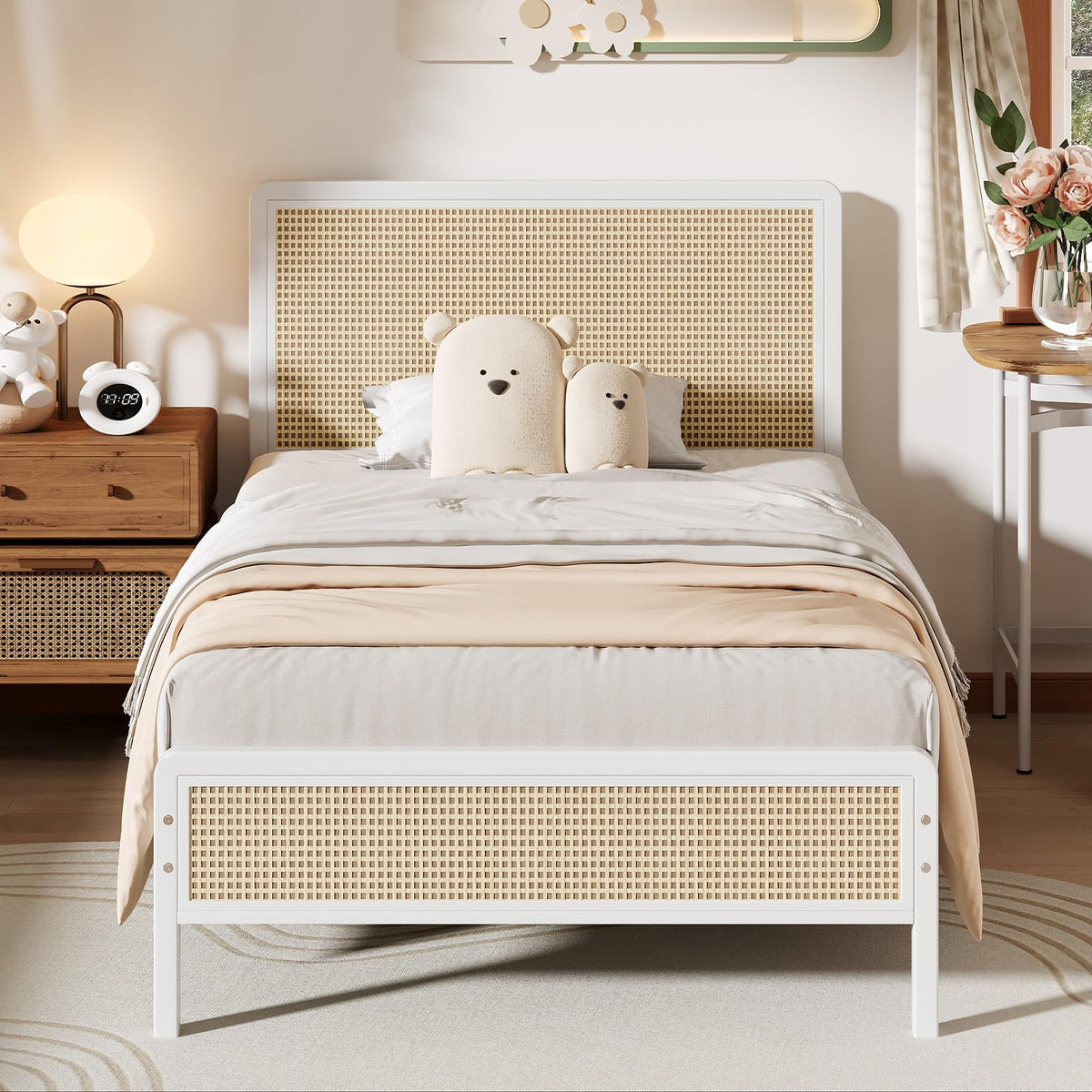 White Rattan Twin Bed Frame with Headboard V934