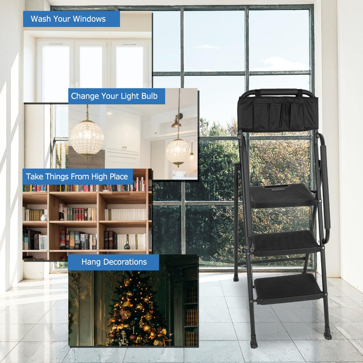 3 Step Folding Ladder with Handrails and Tool Bag, 500 lbs, Black C8333
