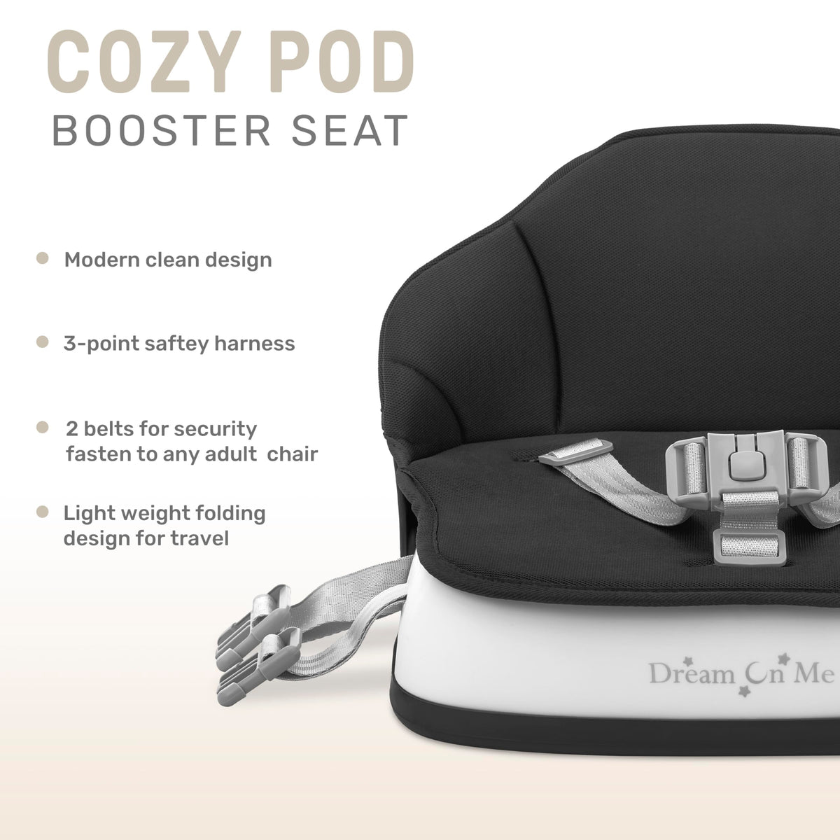 Portable Baby Booster Seat with 3-Point Harness & 2 Fixing Belts, Black J675