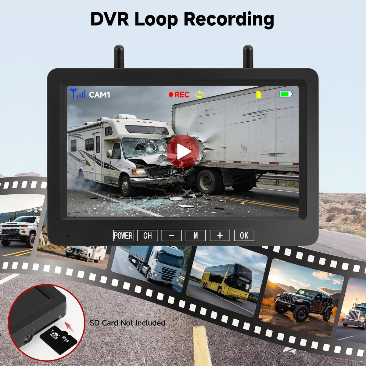 Dual Magnetic Wireless Backup Camera, 7” 1080P HD 4CH DVR Monitor B805