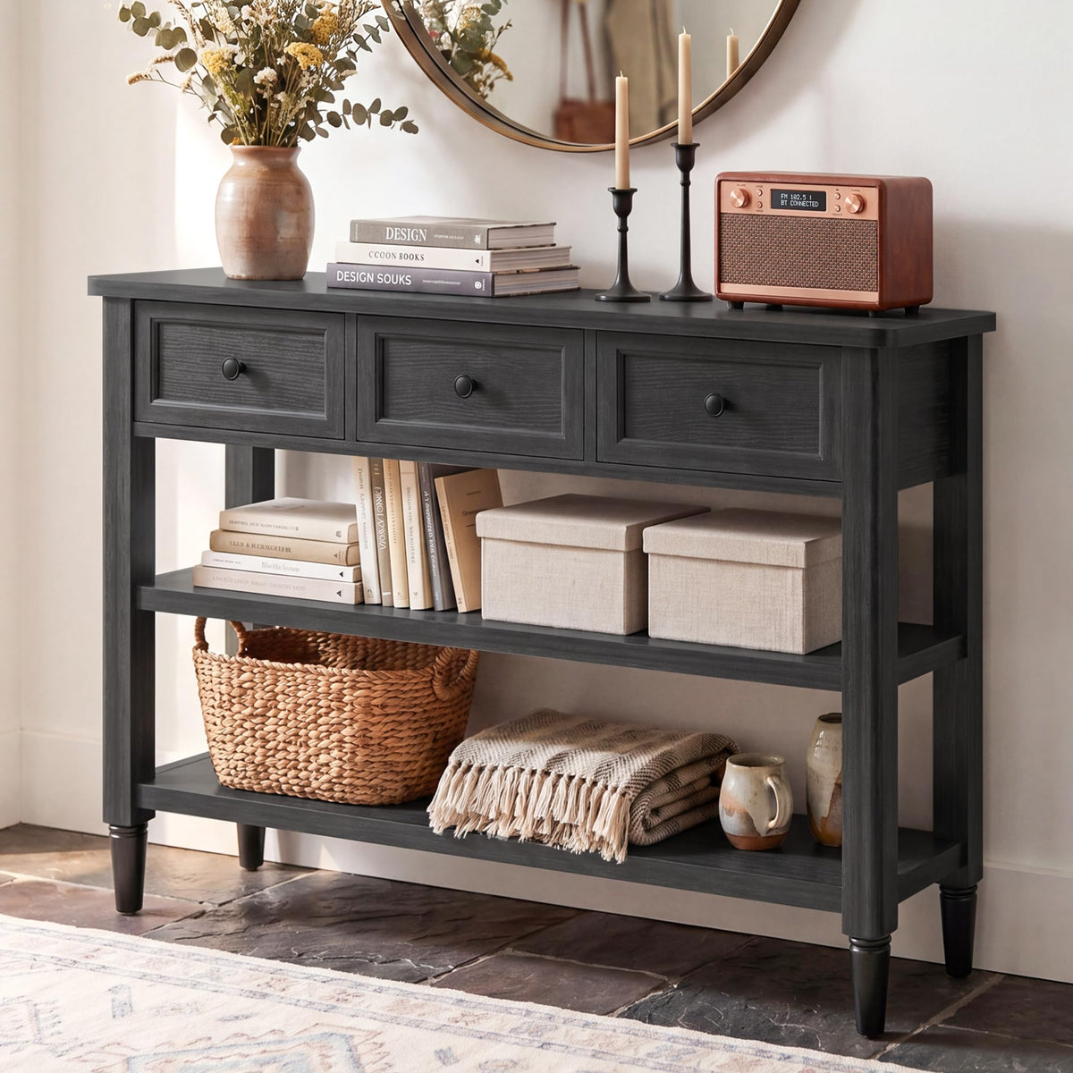 43" Farmhouse Entryway Table with 3 Drawers 2 Shelves O3787