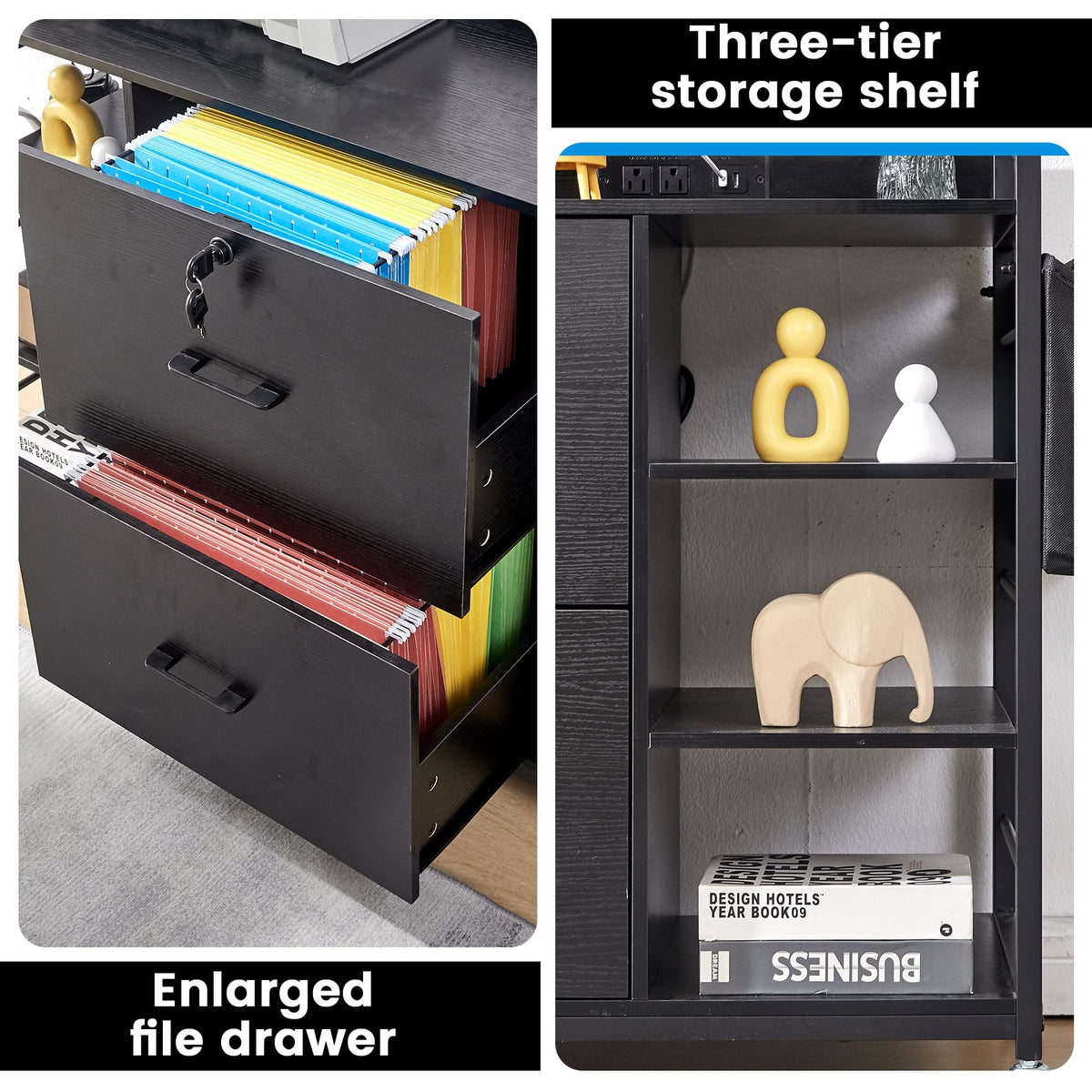45" Black 2 Drawer File Cabinet with Lock and Power Outlet W5893
