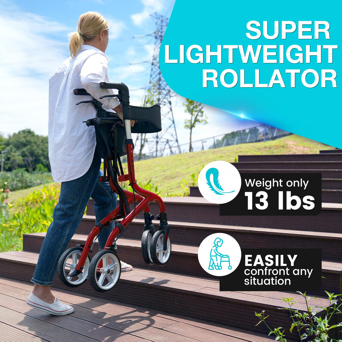 Lightweight Foldable Rollator Walker with Seat and 8" Rubber Wheels H778