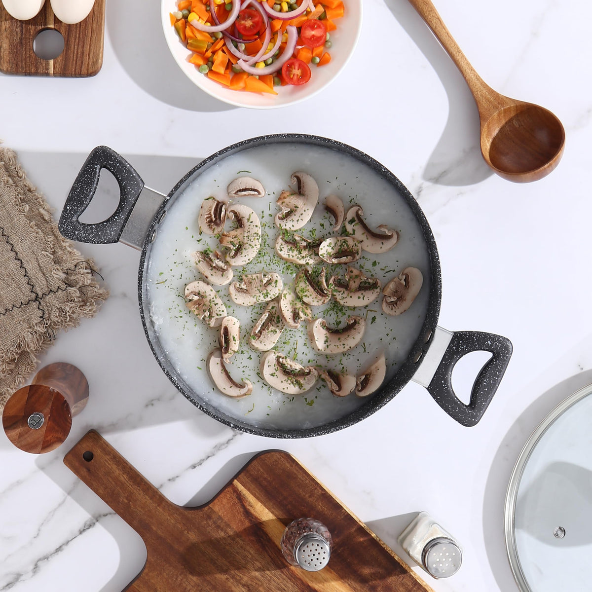 13-Piece Beige Marble Coated Non-Stick Cookware Set with Glass Lids M523000