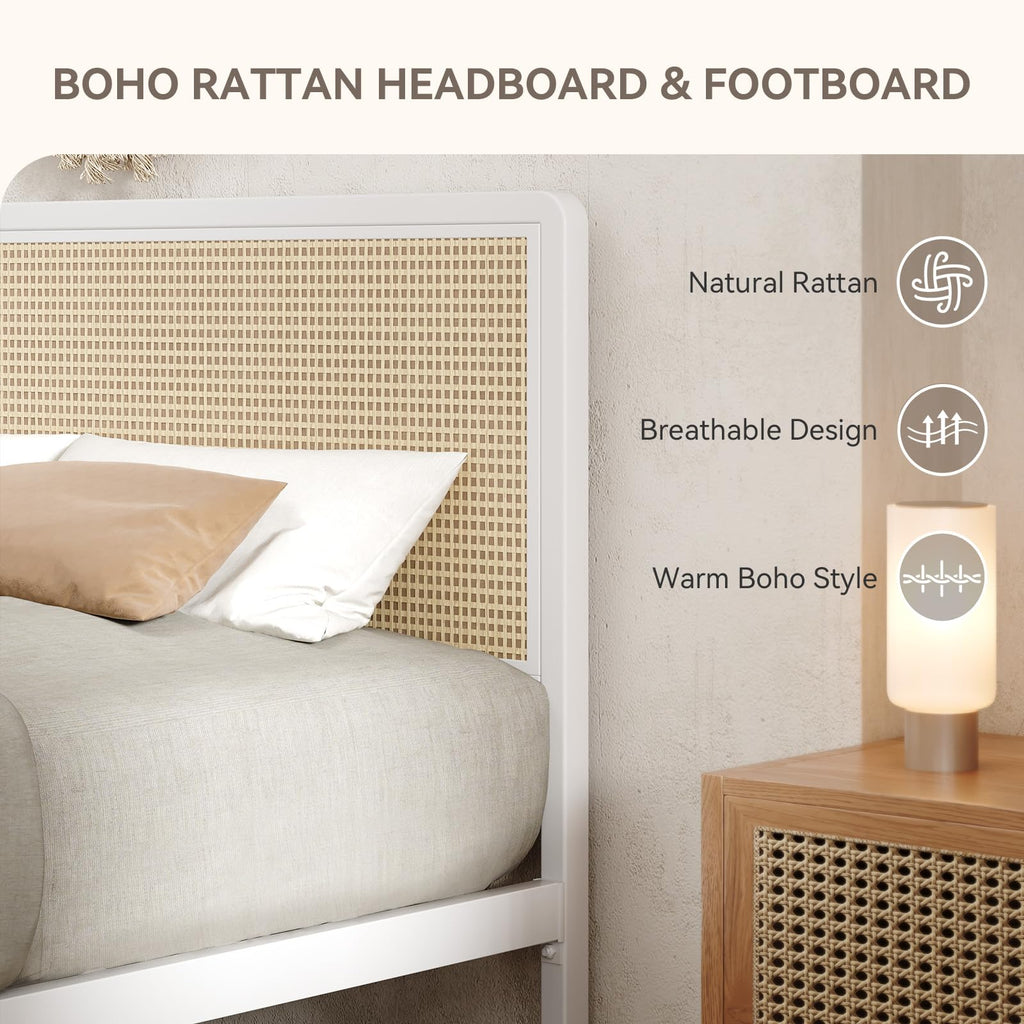 White Rattan Twin Bed Frame with Headboard V934