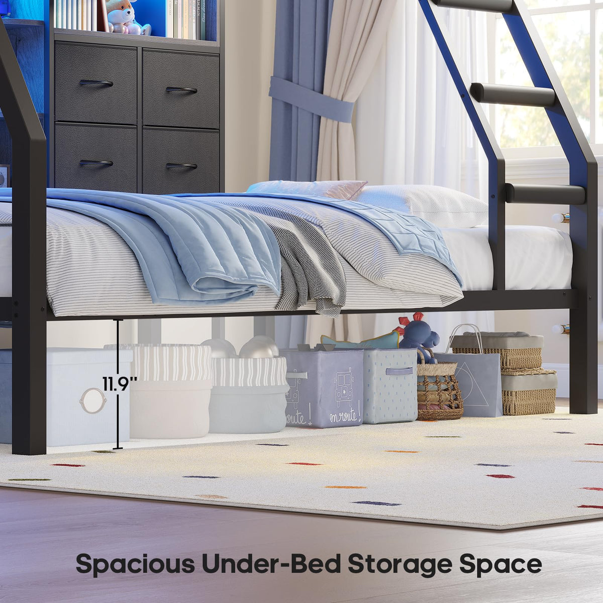 Black Twin Over Twin Bunk Bed with Charging Station & LED Lights D601