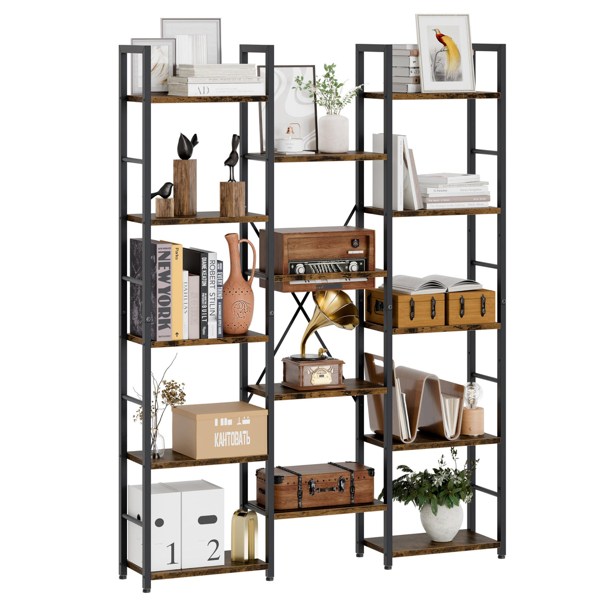 5 Tier Metal Bookshelf with Rustic Brown Shelves A95646