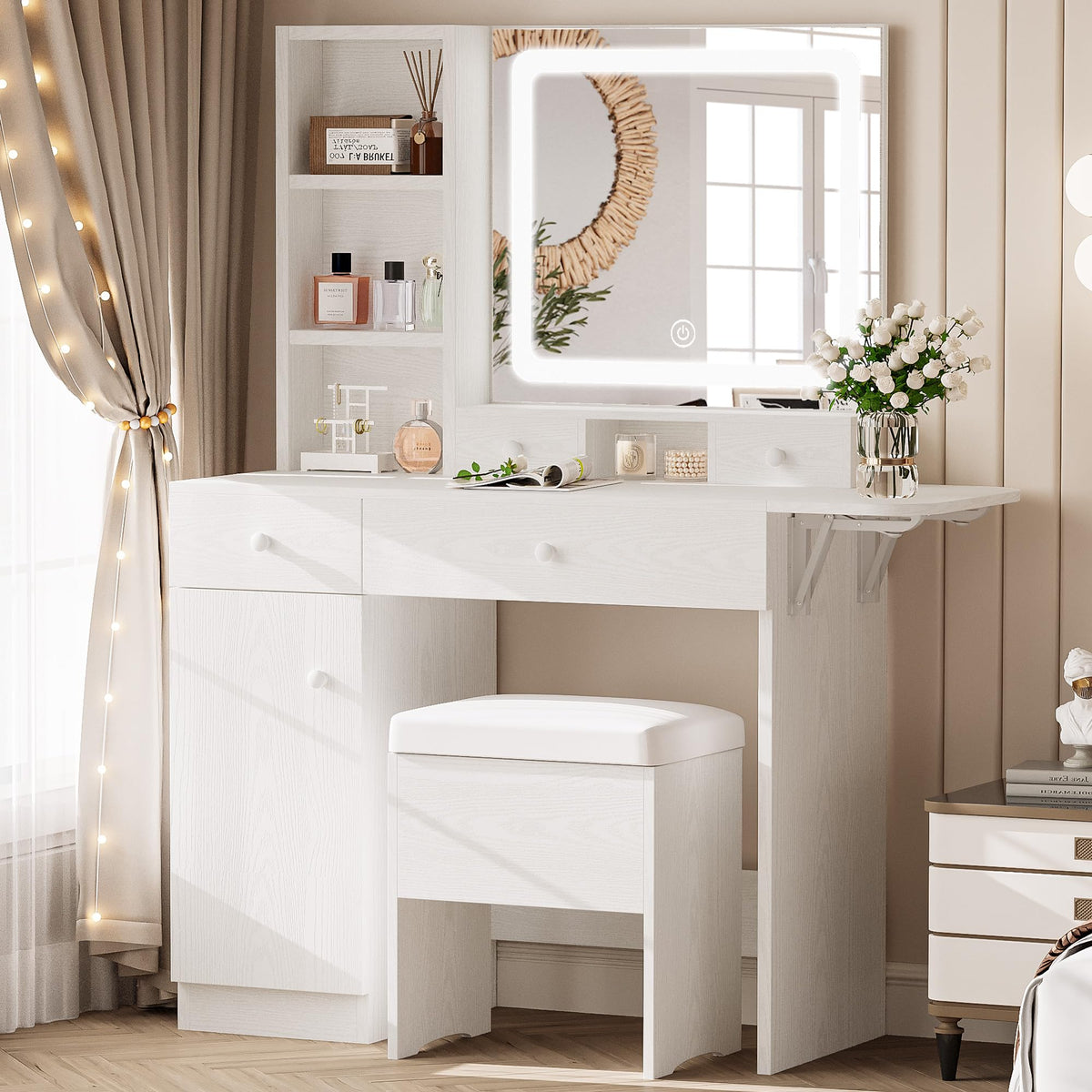 Vanity Desk with Charging Station and Storage I93554