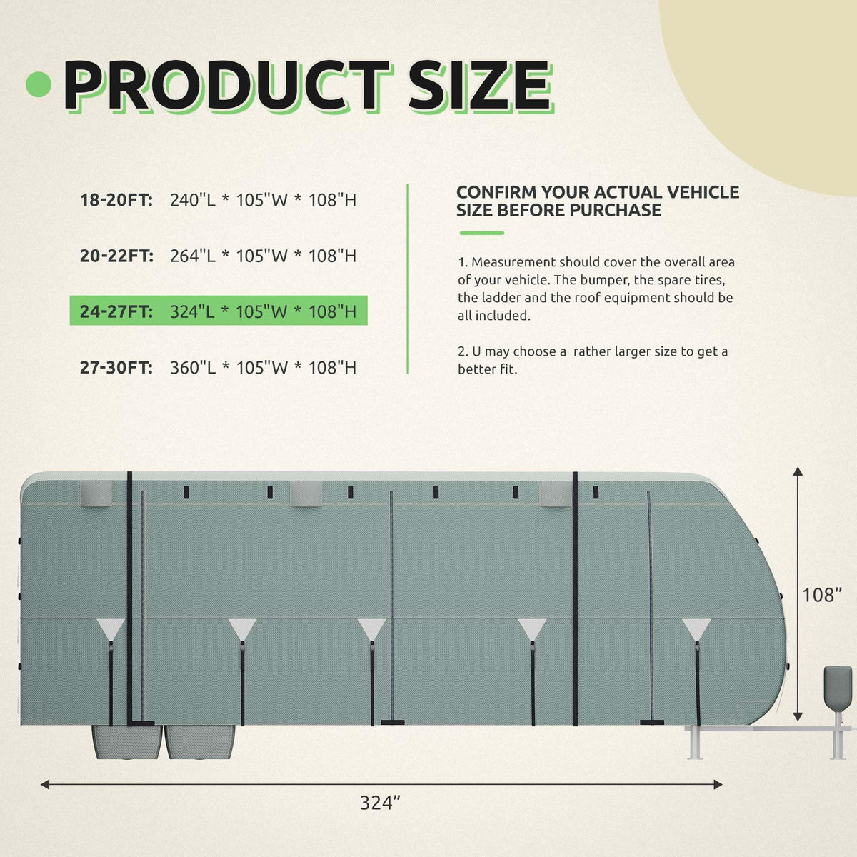 24-27FT Waterproof 7-Layer Camper Cover with Tongue Jack Cover, Tire Covers, Gutter Covers W601