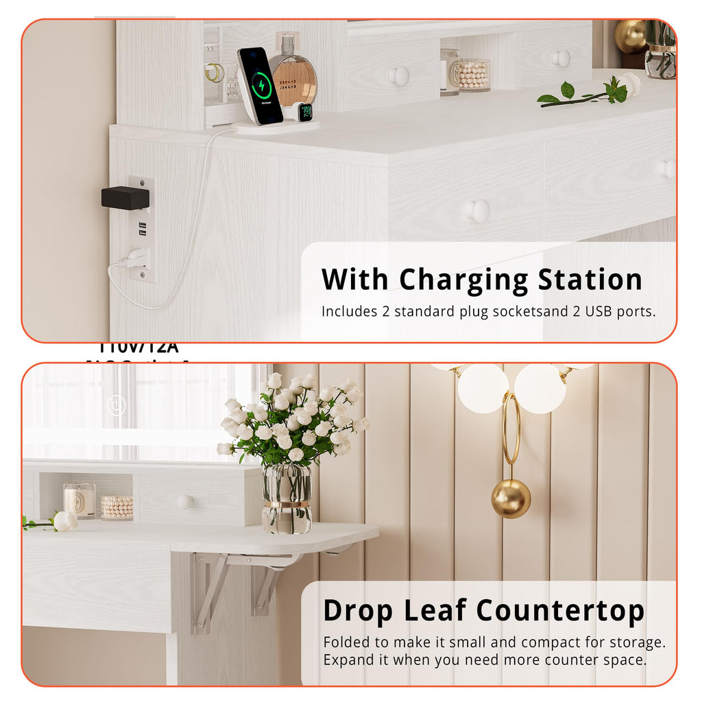 Vanity Desk with Charging Station and Storage I93554