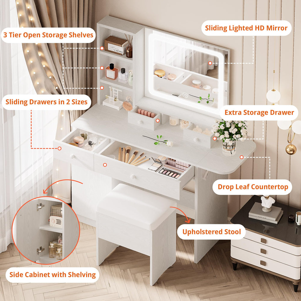 Vanity Desk with Charging Station and Storage I93554
