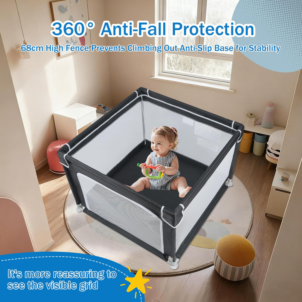 Baby Playpen with Mesh and Anti-Slip Base E60435
