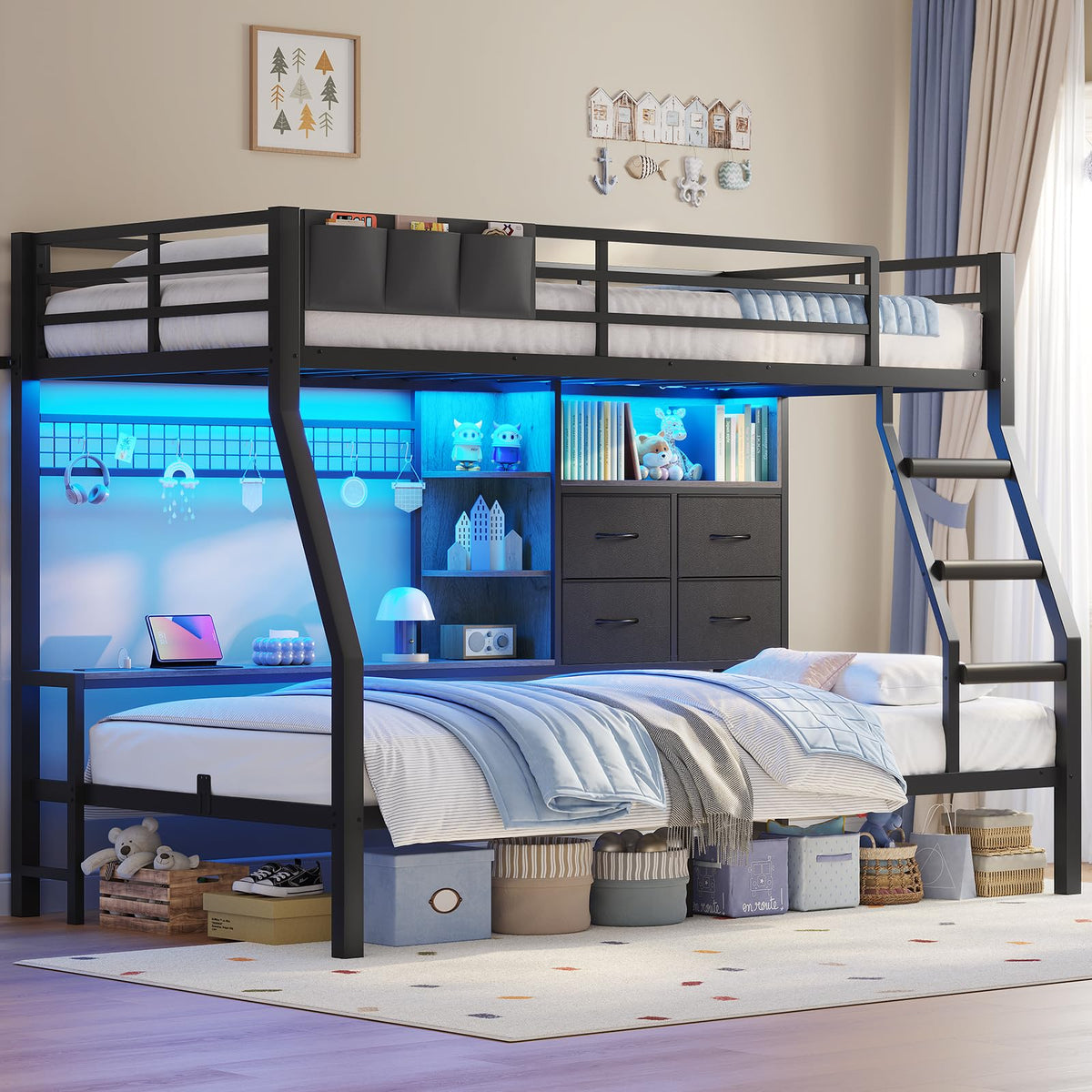 Black Twin Over Twin Bunk Bed with Charging Station & LED Lights D601