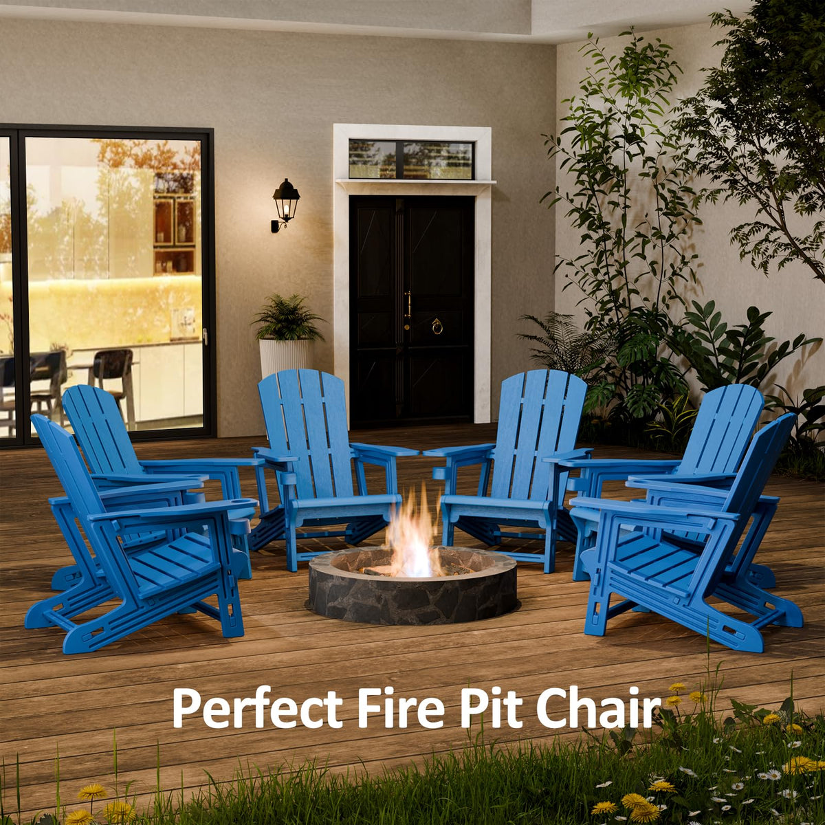 Klein Blue Plastic Adirondack Chairs Set of 2 with Cup Holder F766146