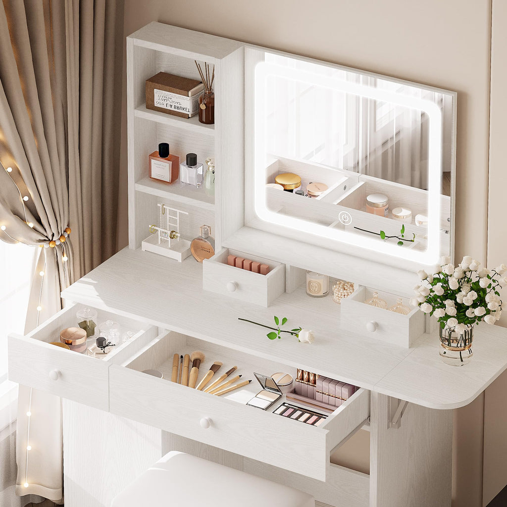 Vanity Desk with Charging Station and Storage I93554