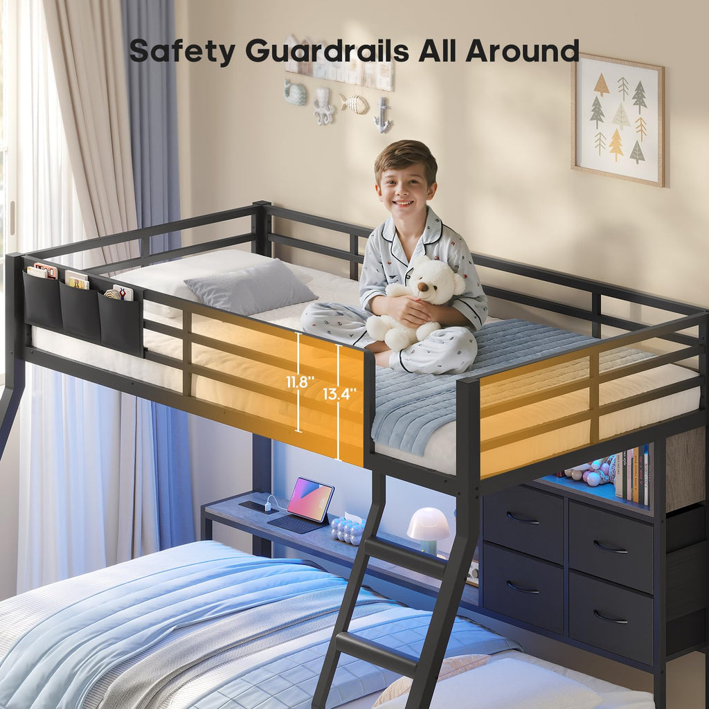 Black Twin Over Twin Bunk Bed with Charging Station & LED Lights D601