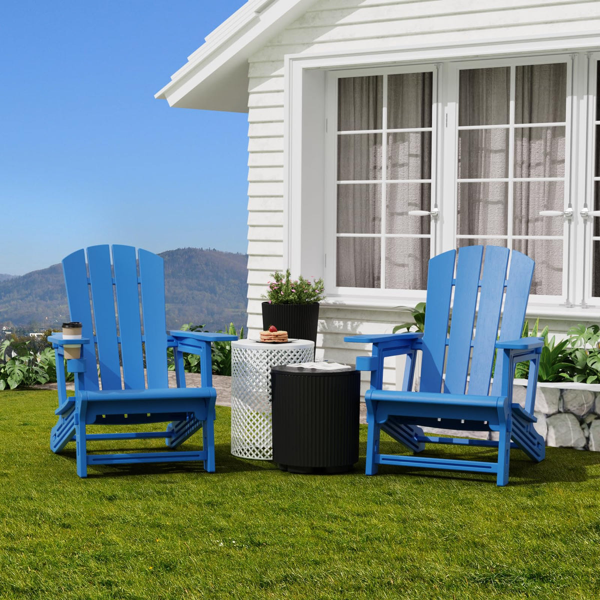 Klein Blue Plastic Adirondack Chairs Set of 2 with Cup Holder F766146