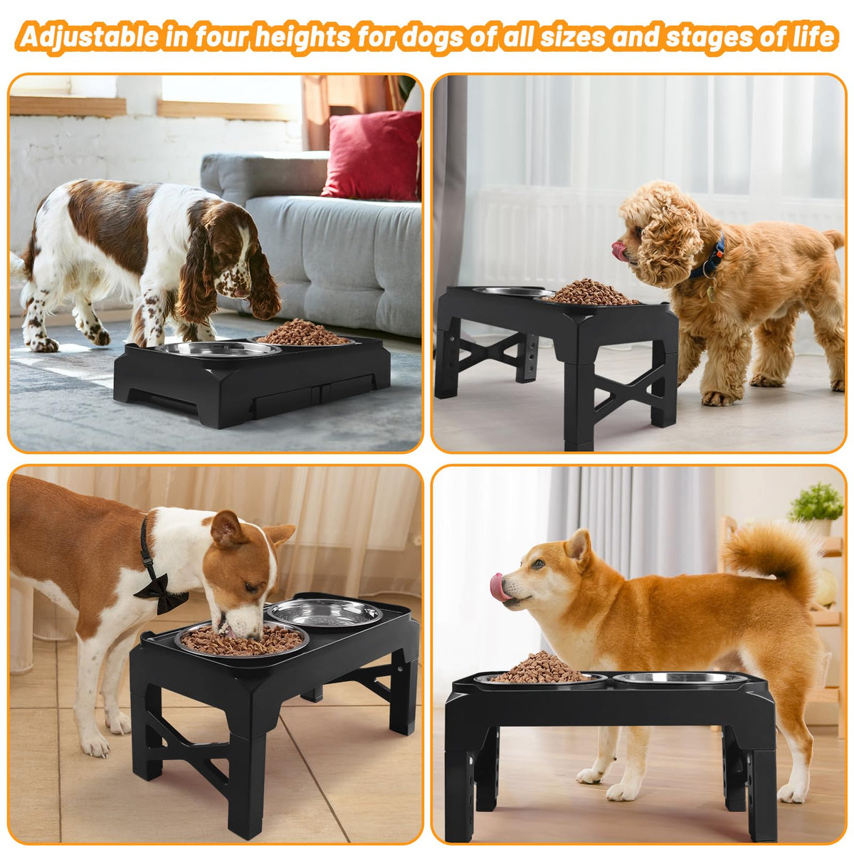 Elevated Dog Bowls with 2 Stainless Steel Bowls Non-Slip Adjusts to 3 Heights I1439