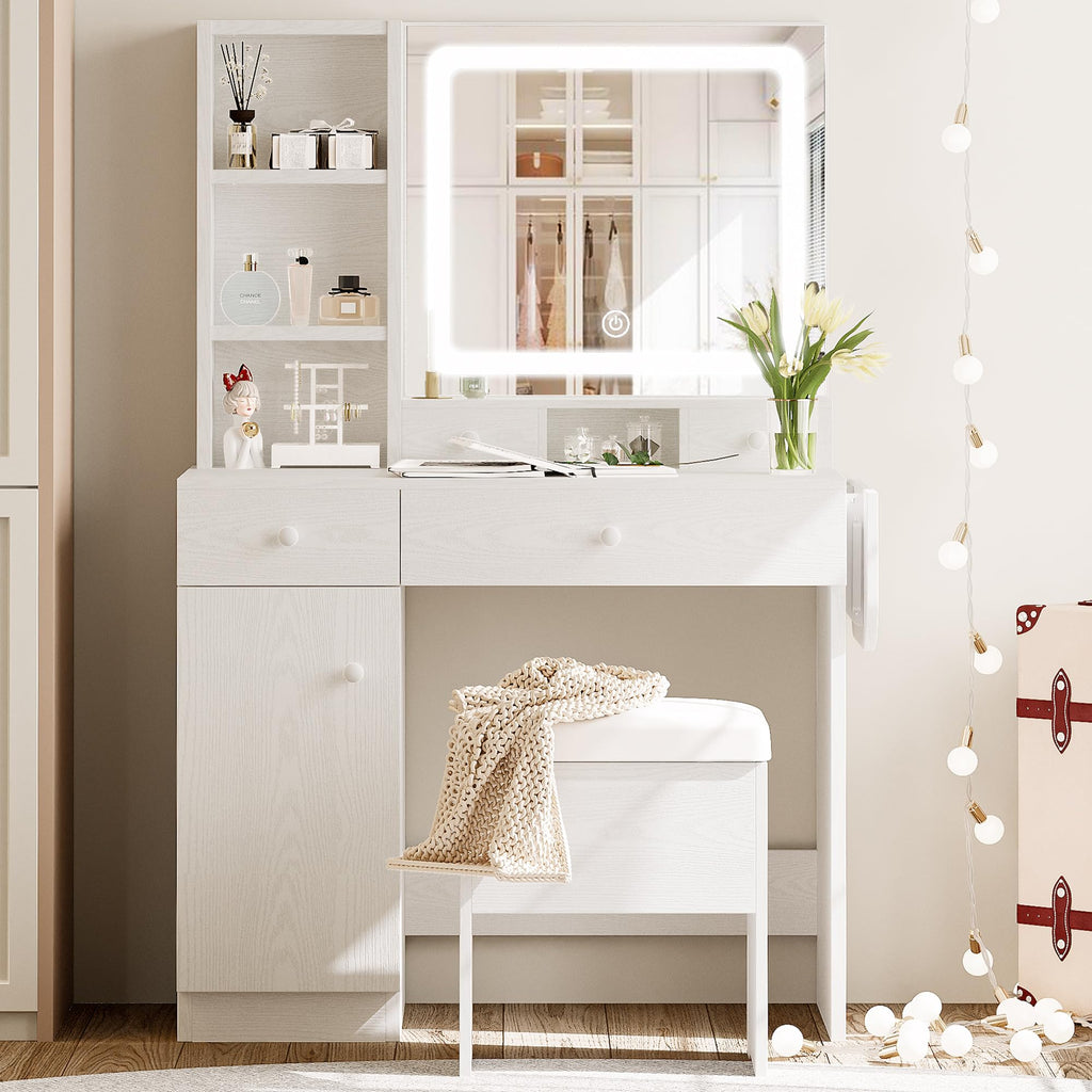 Vanity Desk with Charging Station and Storage I93554