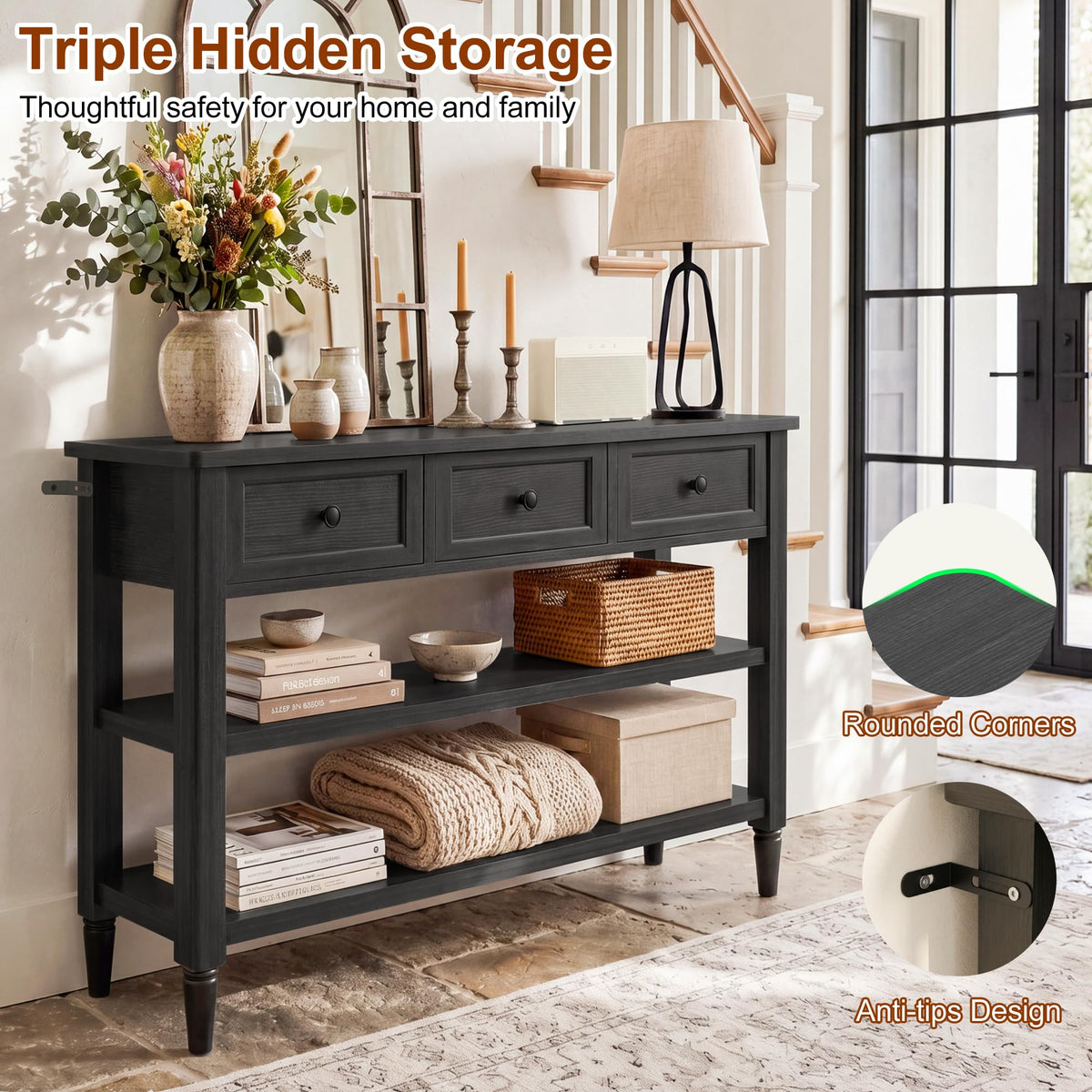 43" Farmhouse Entryway Table with 3 Drawers 2 Shelves O3787