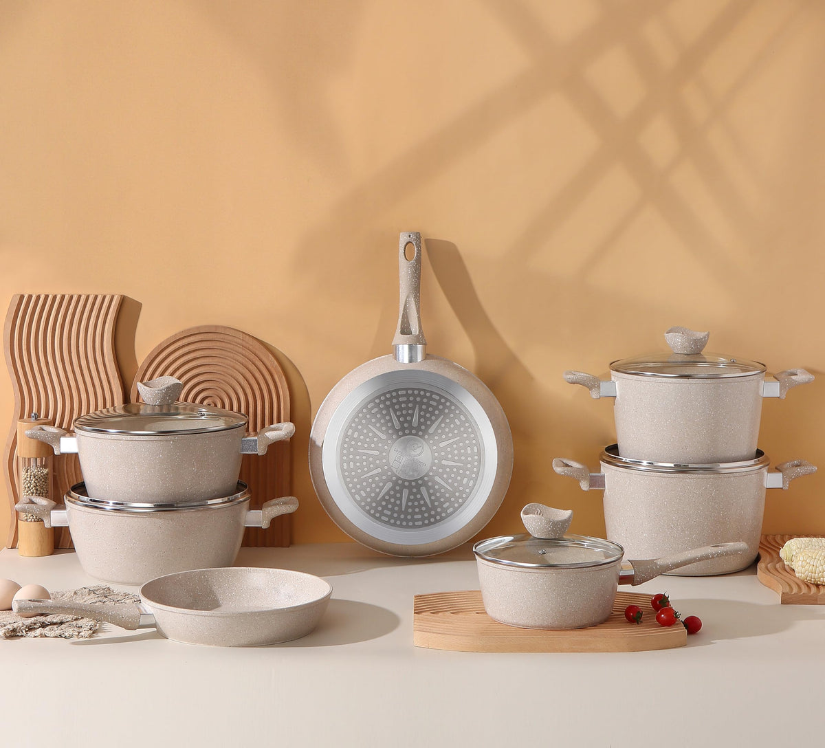 13-Piece Beige Marble Coated Non-Stick Cookware Set with Glass Lids M523000