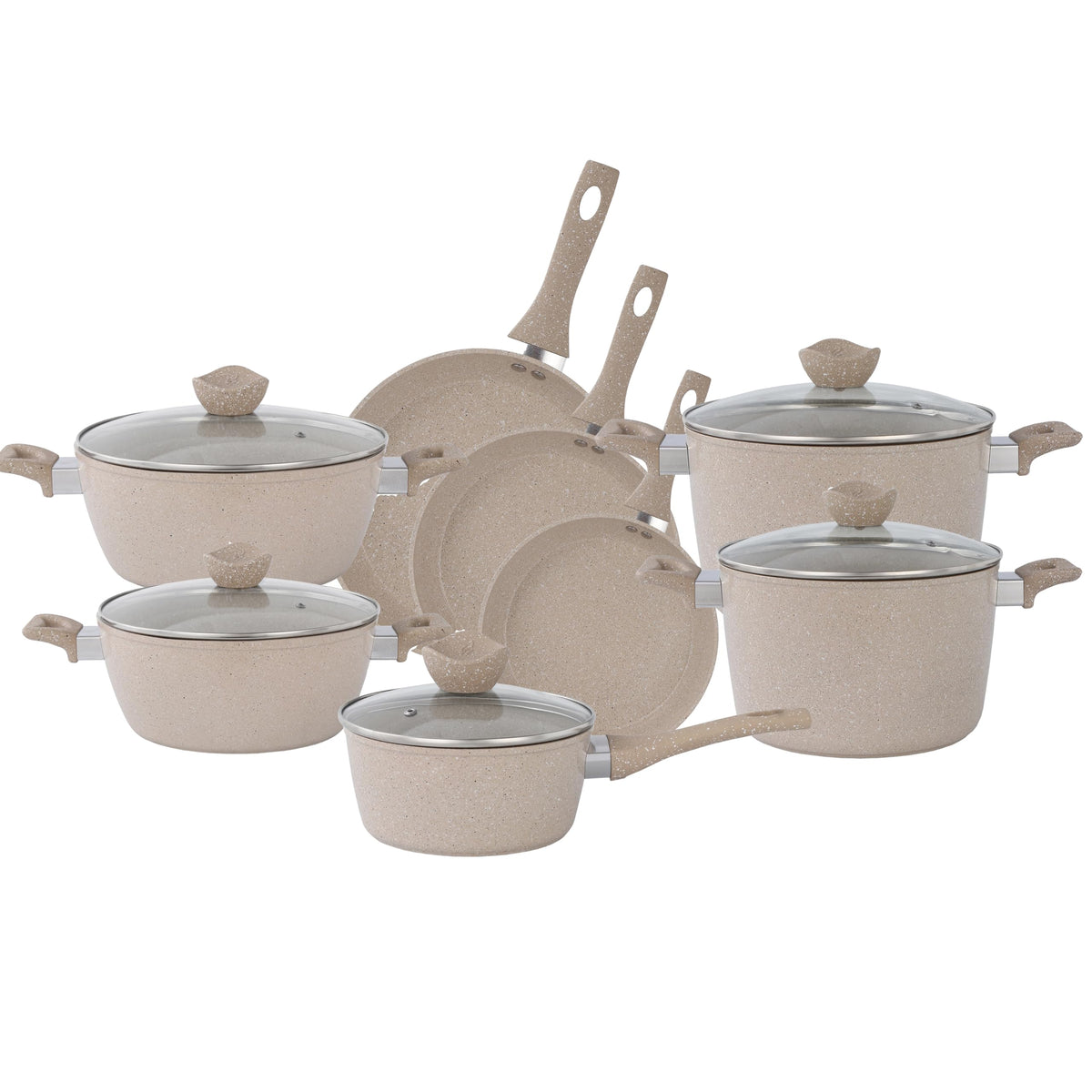 13-Piece Beige Marble Coated Non-Stick Cookware Set with Glass Lids M523000