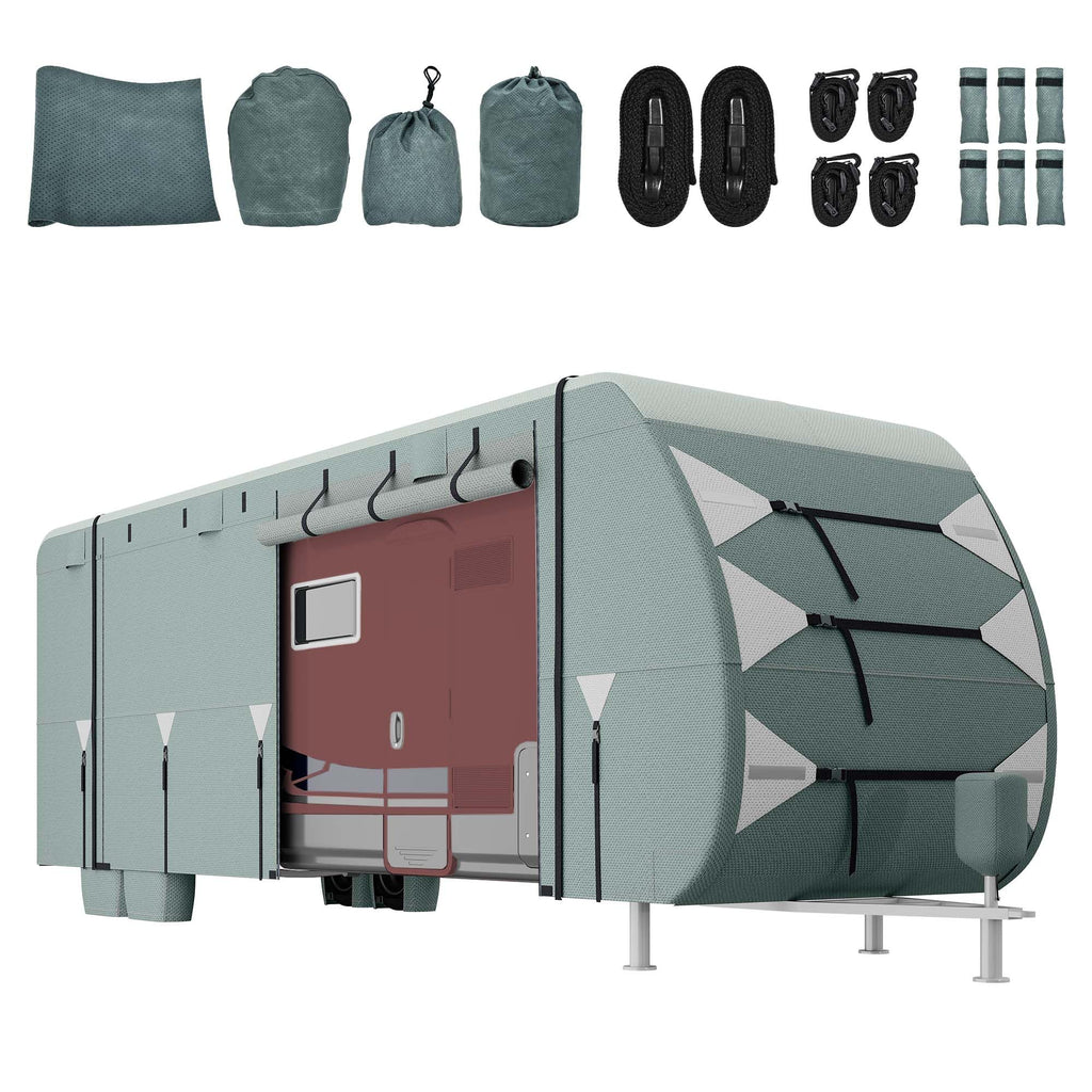 24-27FT Waterproof 7-Layer Camper Cover with Tongue Jack Cover, Tire Covers, Gutter Covers W601