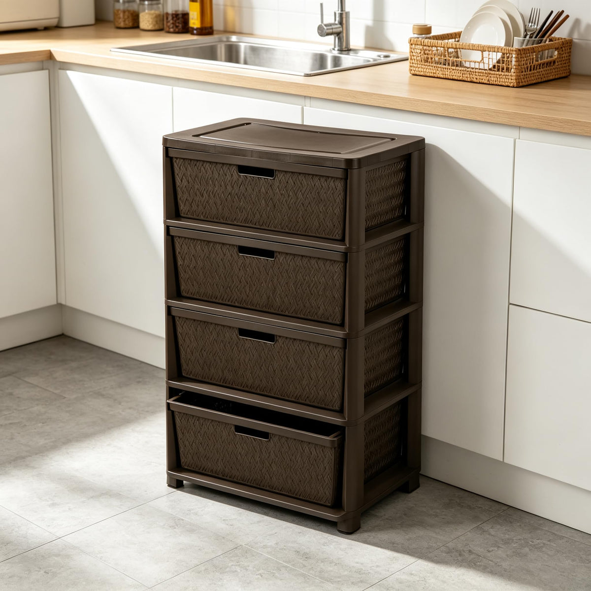 4 Drawer Brown Storage Tower with Removable Drawers B7384