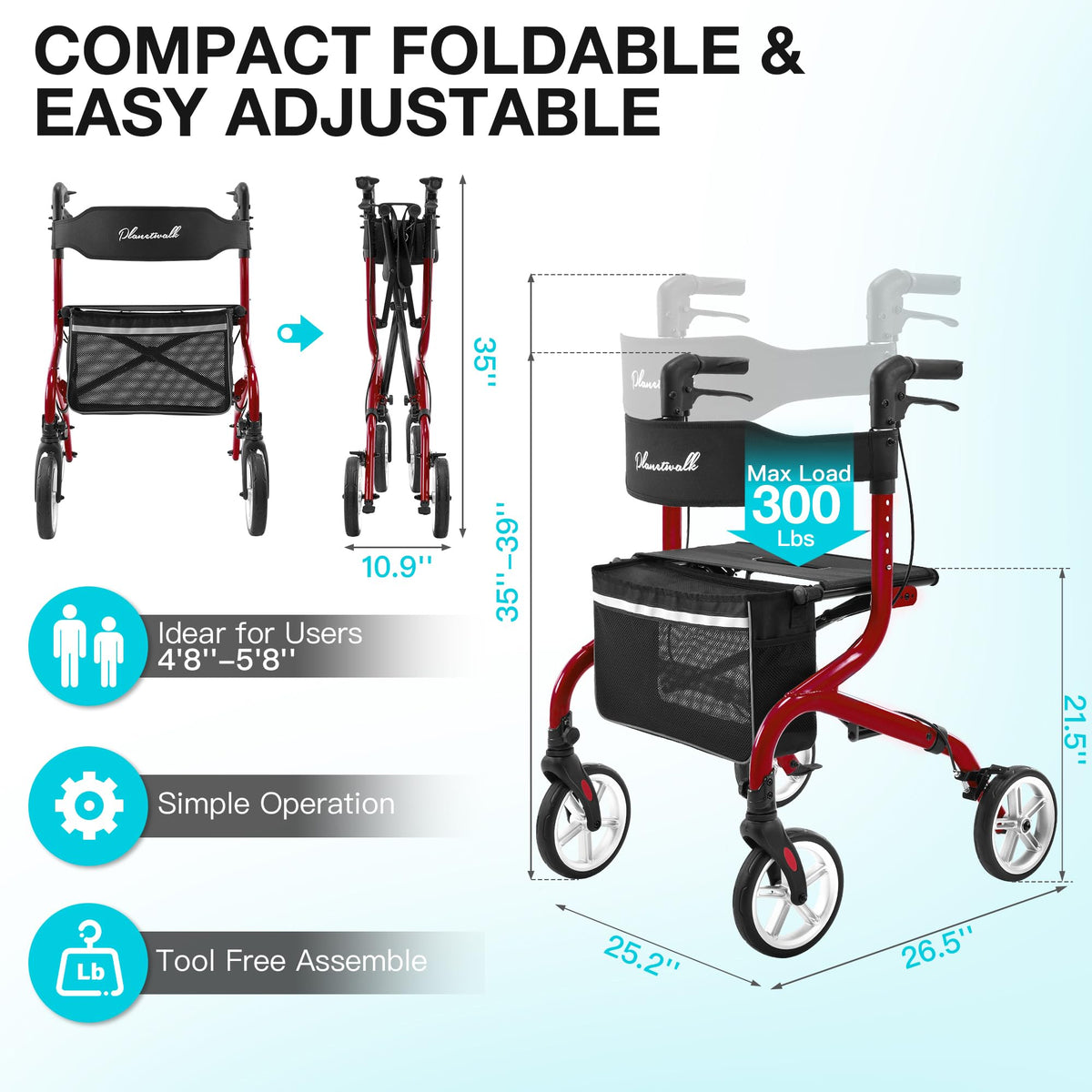 Lightweight Foldable Rollator Walker with Seat and 8" Rubber Wheels H778